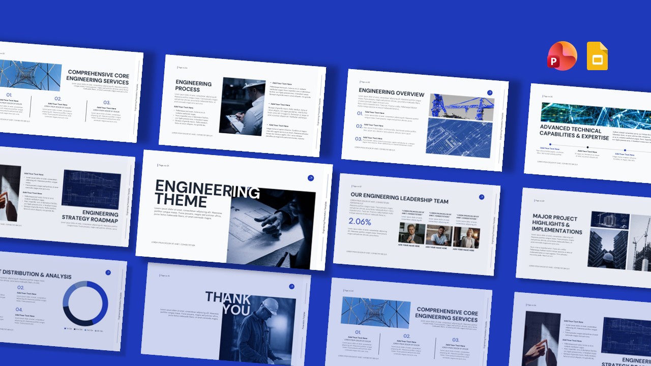 Engineering PowerPoint template overview showing 11 professional slides for technical presentations
