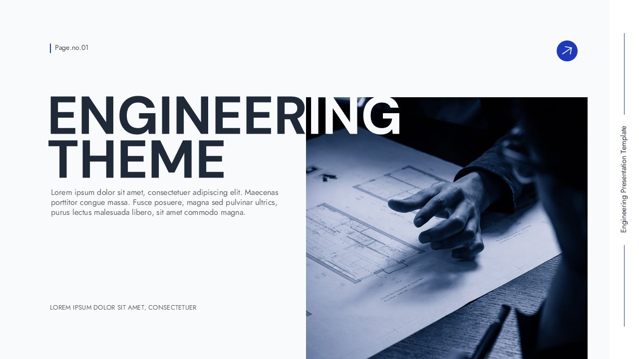 Engineering presentation title slide with blueprint imagery and professional layout for PowerPoint