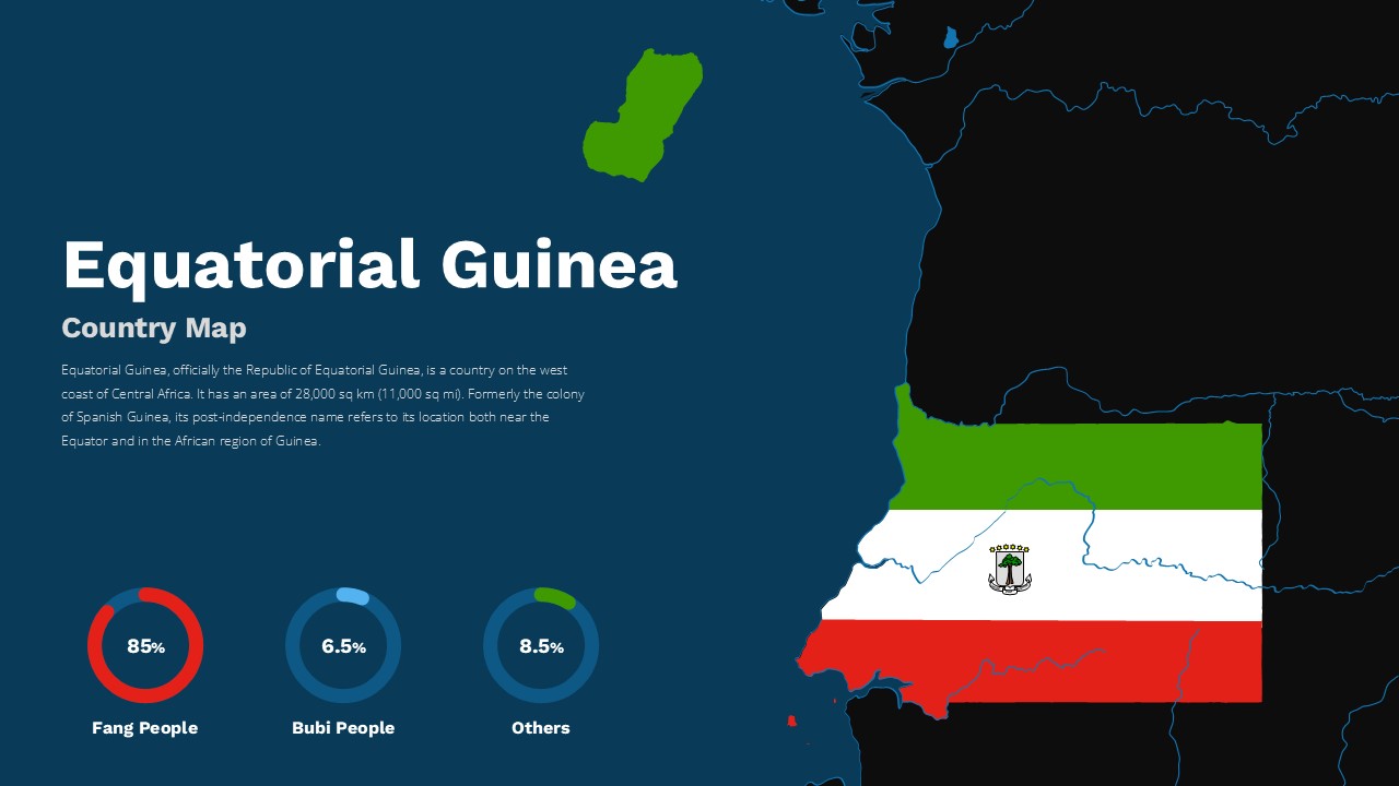 Equatorial Guinea map template with demographics on dark navy background