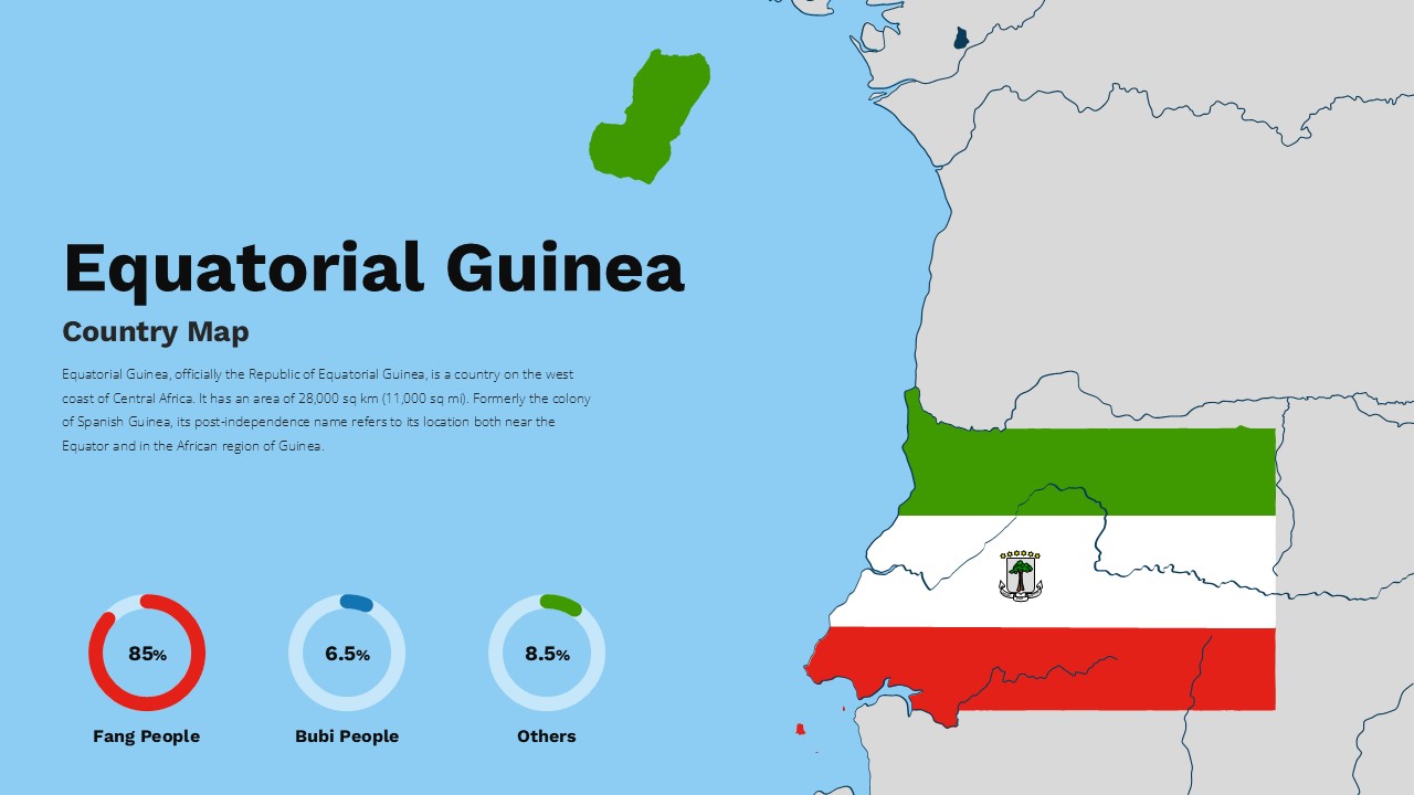 Equatorial Guinea map template with demographics on light blue background