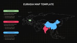 Dark theme Eurasia map template with regional highlighting system for corporate presentations and data visualization