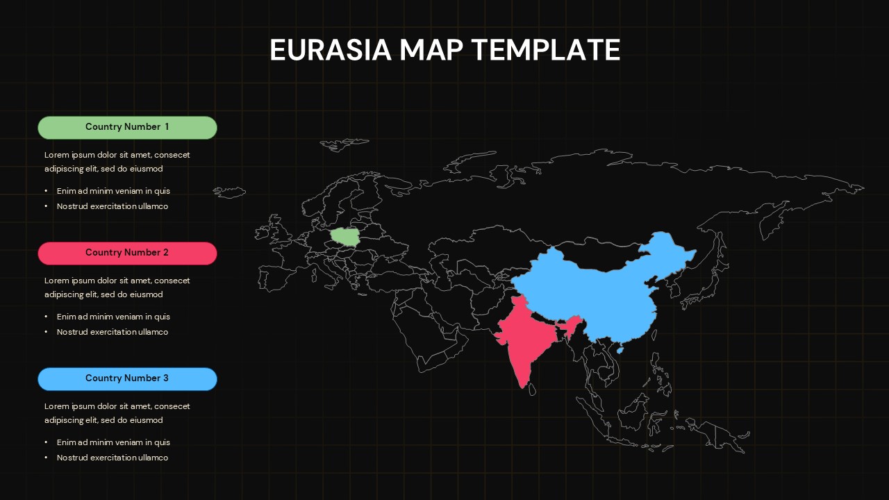 Dark theme Eurasia map template with regional highlighting system for corporate presentations and data visualization