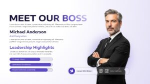 Clean white executive profile template with purple accents for professional leadership introductions and team meetings