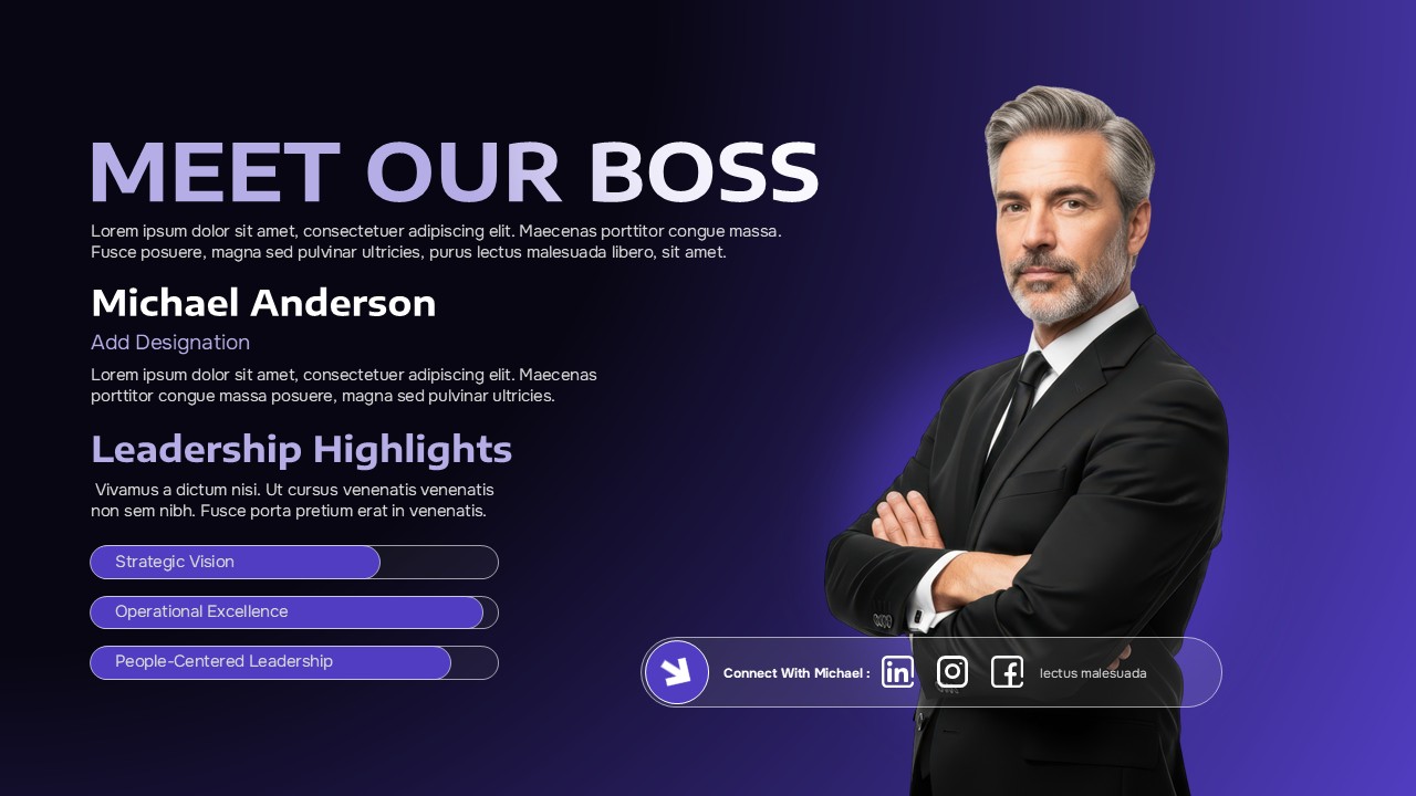 Dark premium executive intro slide with purple gradient, leadership badges, and social links for CEO presentations