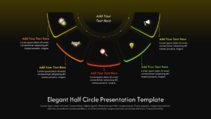 Dark-themed half-circle infographic template with 5 colorful business process sections on sophisticated olive background