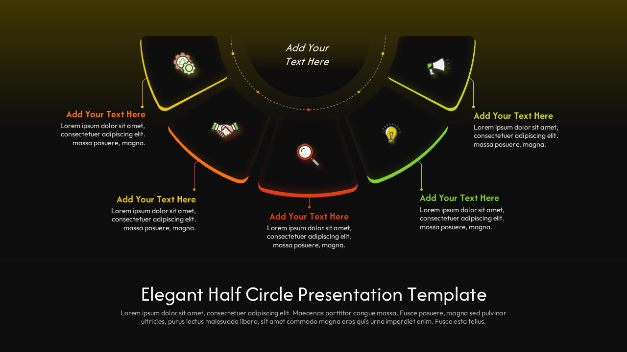 Dark-themed half-circle infographic template with 5 colorful business process sections on sophisticated olive background