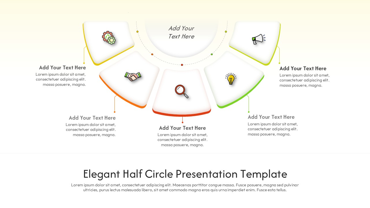 Clean half-circle infographic template showing 5 connected business processes with colorful icons on white background