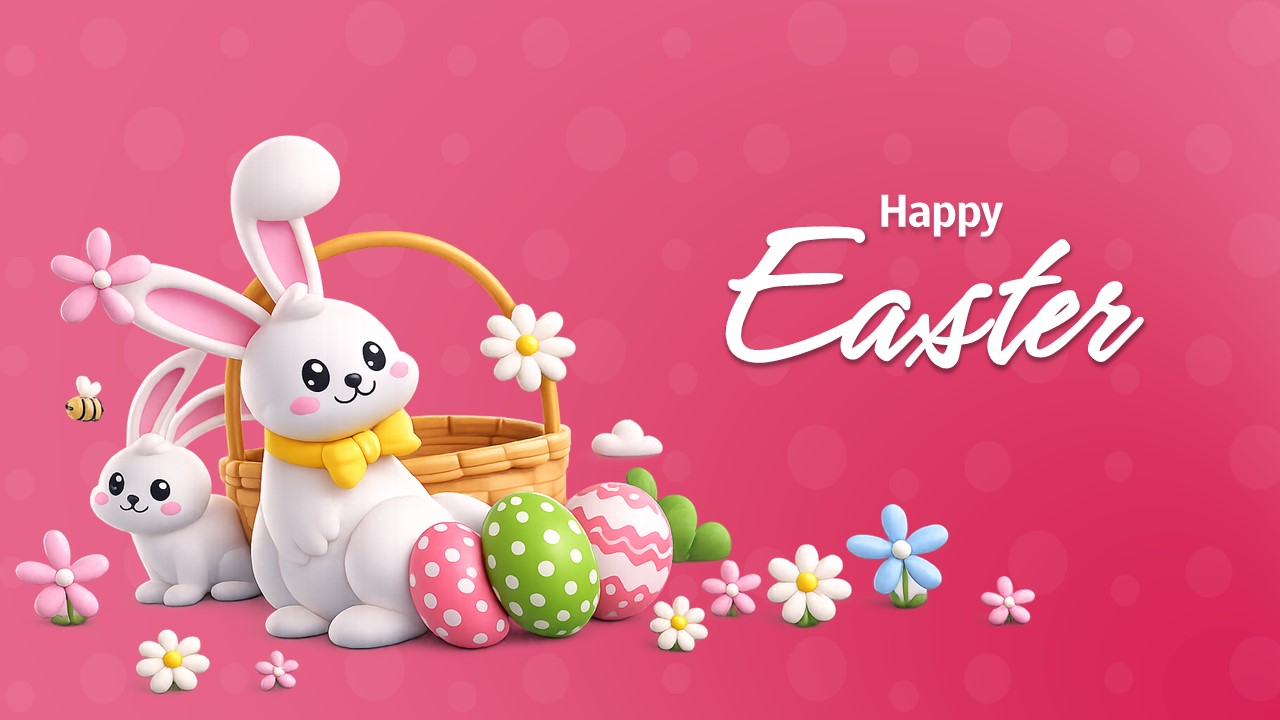 Easter presentation template with cartoon rabbits, decorated eggs, and 'Happy Easter' text on pink background