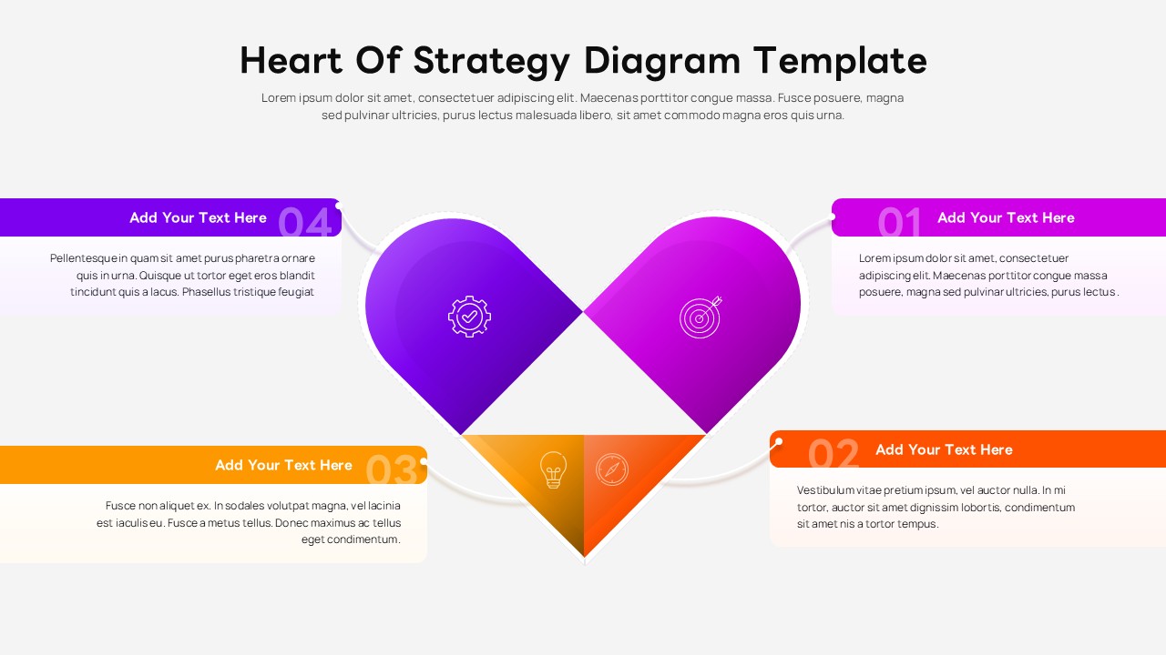 Heart of Strategy diagram template with four colored segments and text placeholders on white background