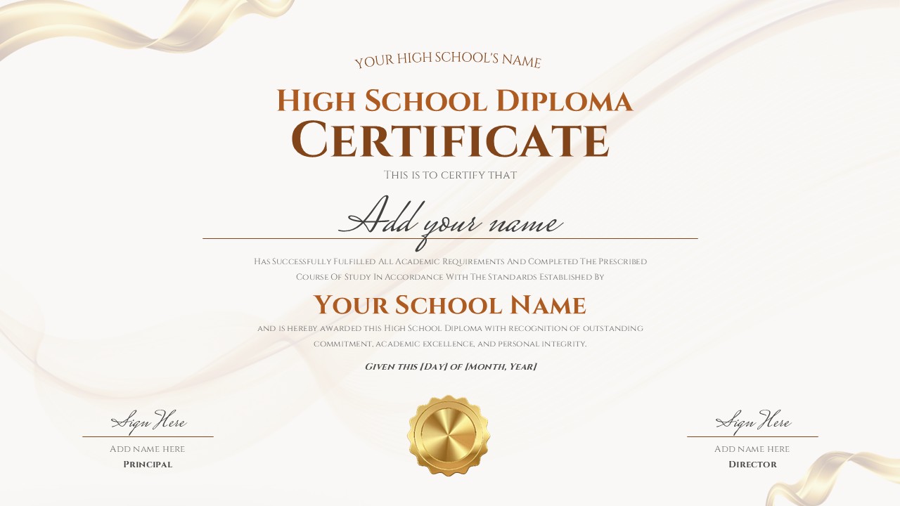 Elegant high school diploma certificate template with gold ribbons, customizable fields for student name and school details
