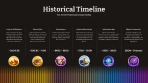 Dark theme historical timeline template showing 6 chronological periods