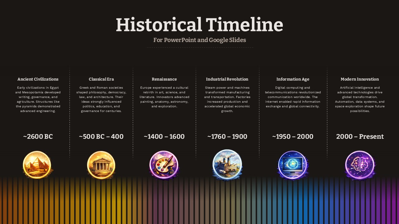 Dark theme historical timeline template showing 6 chronological periods