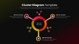 Dark theme hub and spoke diagram template with central circle and branching elements for PowerPoint presentations