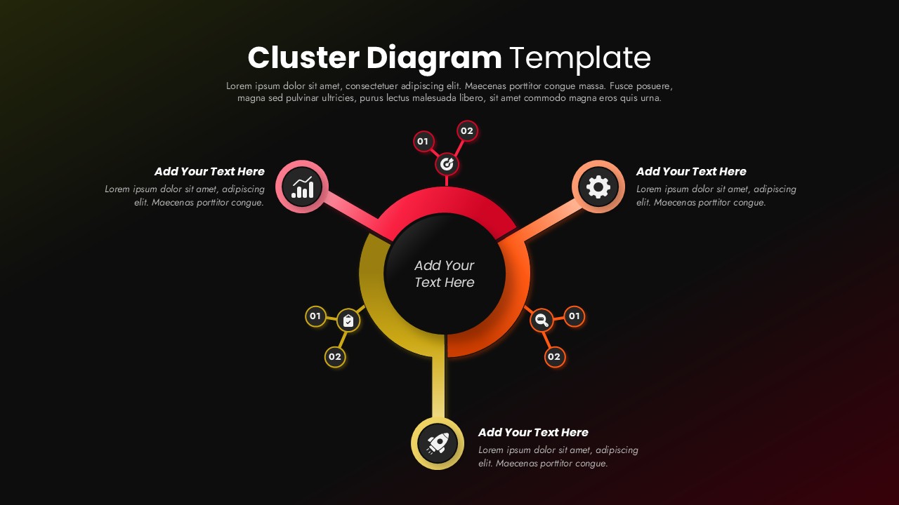 Dark theme hub and spoke diagram template with central circle and branching elements for PowerPoint presentations
