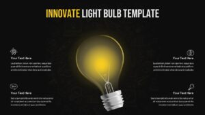 Dark theme innovation light bulb Google Slides template with creative icons and modern design layout
