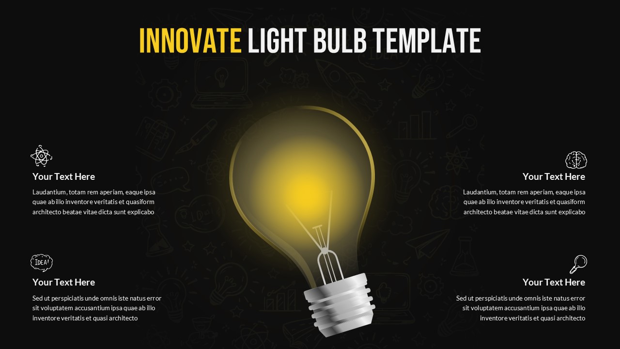 Dark theme innovation light bulb Google Slides template with creative icons and modern design layout