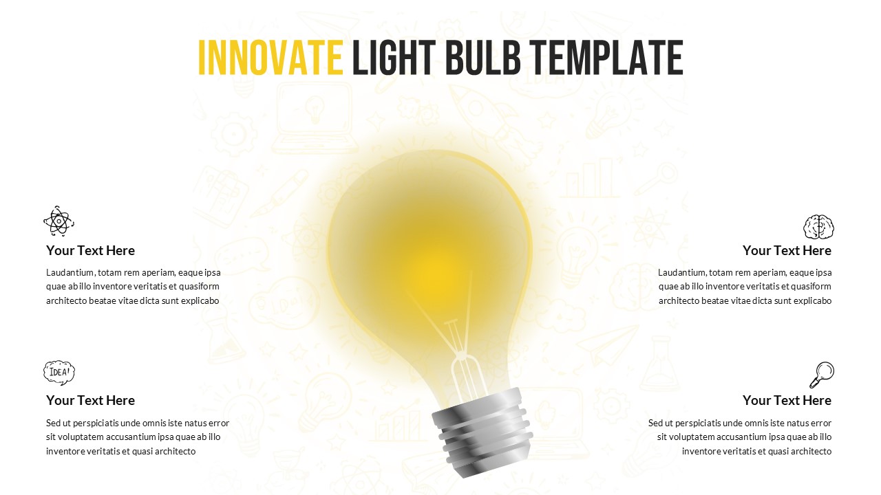 Innovation light bulb PowerPoint template with 4-quadrant layout for creative brainstorming presentations