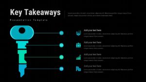 Dark-themed key takeaways template with turquoise accents, perfect for executive summaries in high-stakes boardroom settings
