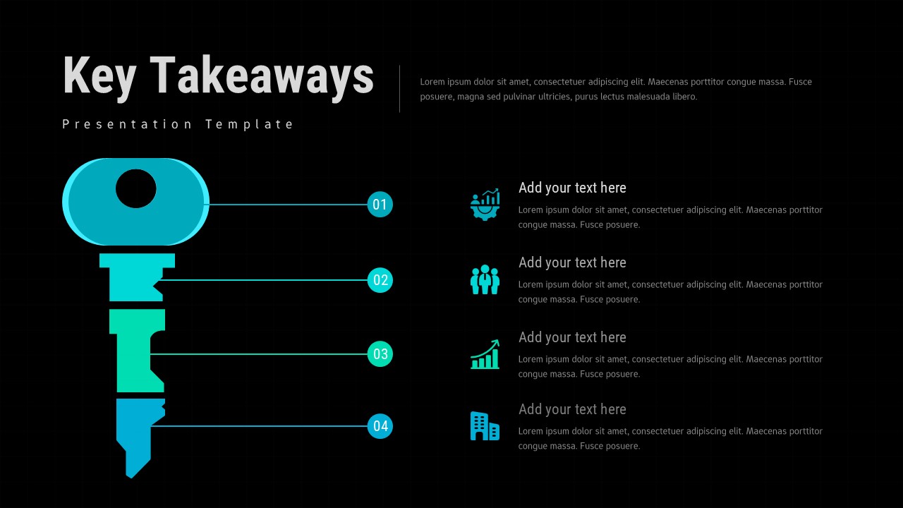 Dark-themed key takeaways template with turquoise accents, perfect for executive summaries in high-stakes boardroom settings