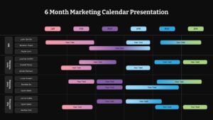 Dark theme marketing calendar template displaying 6-month project timeline across multiple marketing teams