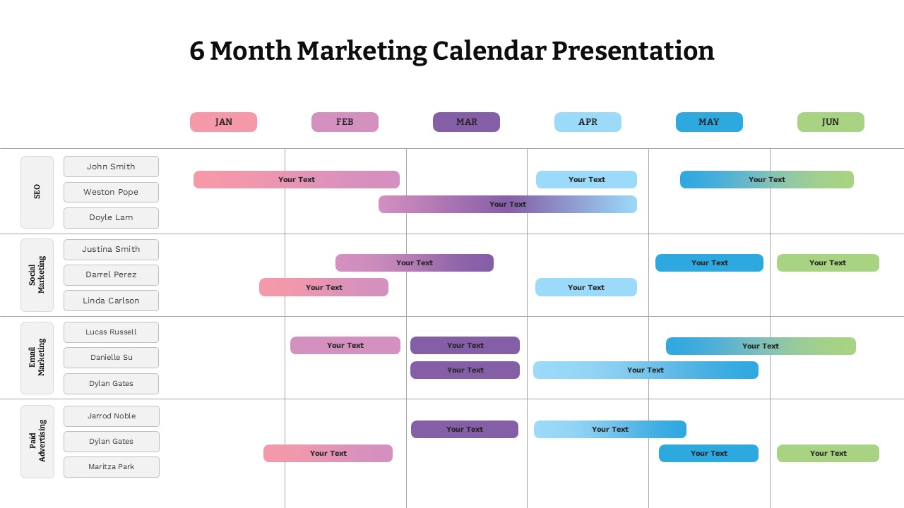 6-month marketing calendar showing team timelines across SEO, social, email & paid ads with colorful project bars