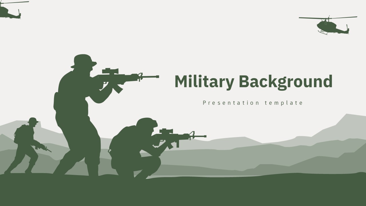 Military presentation template cover slide with soldier silhouettes, helicopters, and mountains in green tones