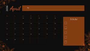 Dark-themed April 2026 calendar with copper accents and floral elements, including to-do list for night-mode planning
