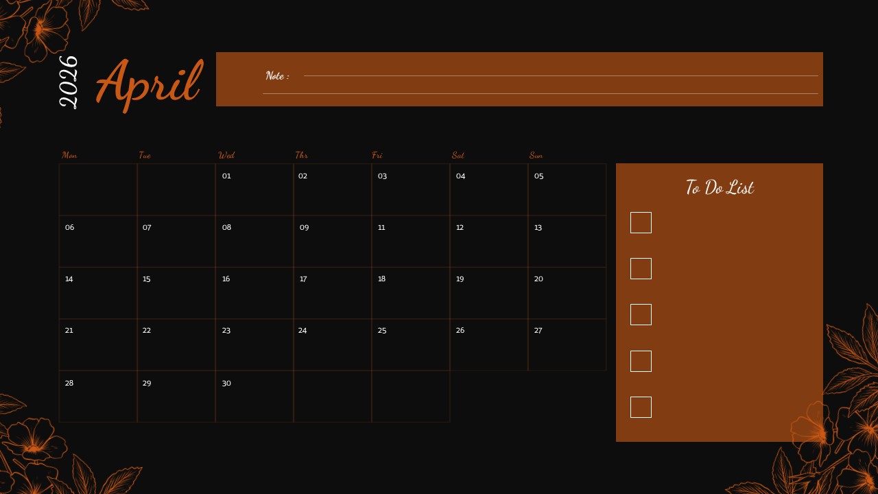 Dark-themed April 2026 calendar with copper accents and floral elements, including to-do list for night-mode planning