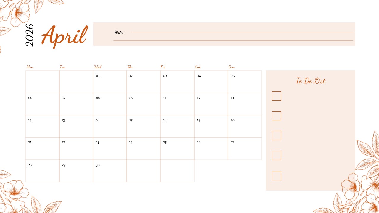 April 2026 calendar with floral design, featuring organized date grid and to-do checklist for monthly planning
