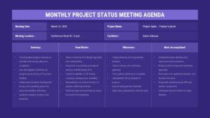 4-column meeting agenda table with purple headers - Summary, Road Blocks, Milestones, Work Accomplished sections