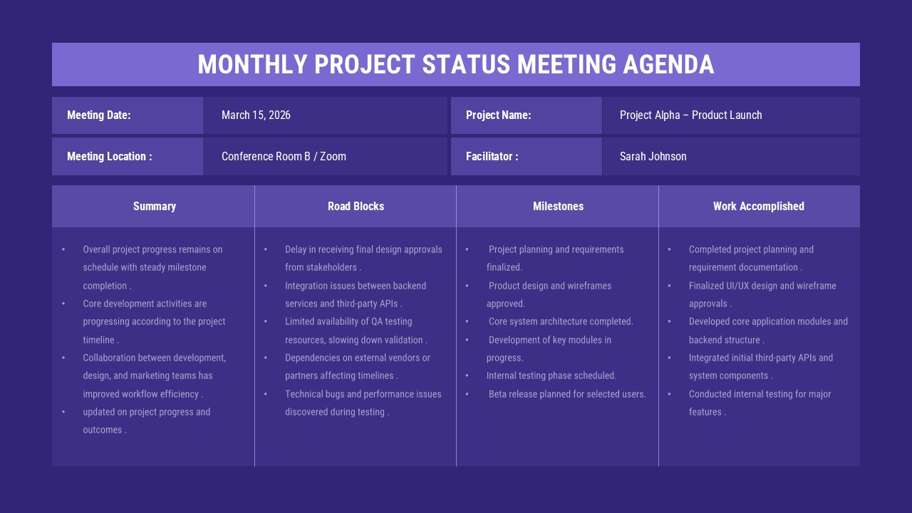 4-column meeting agenda table with purple headers - Summary, Road Blocks, Milestones, Work Accomplished sections