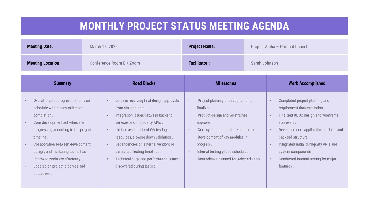 Purple gradient cover slide - Monthly Project Status Meeting Agenda PowerPoint & Google Slides Templates title