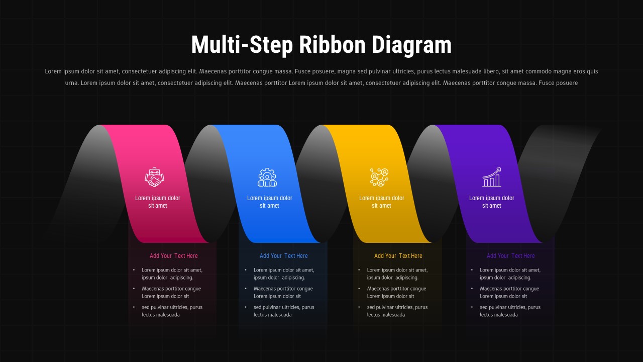 Dark-themed 4-step ribbon workflow diagram with vibrant colored banners illustrating professional process presentation