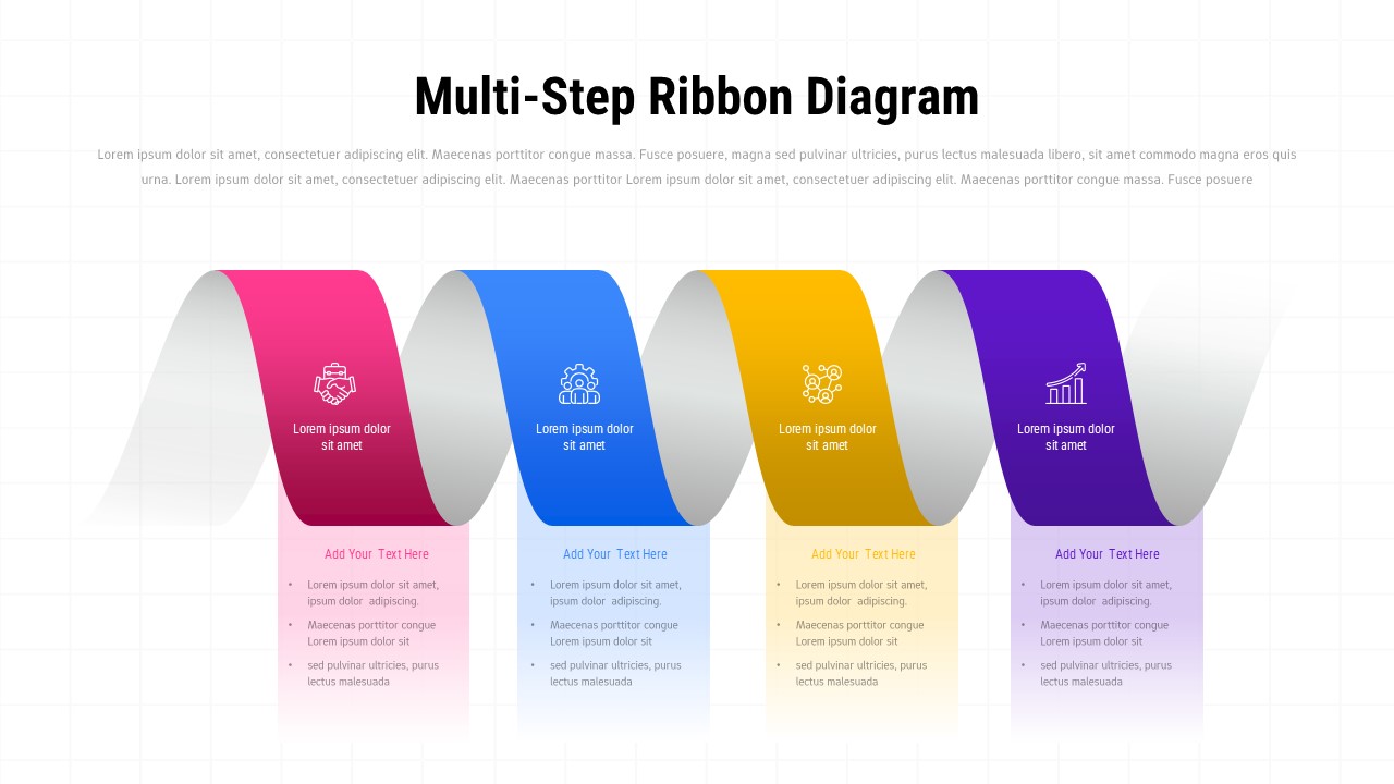 Clean 4-step ribbon process diagram on white background showing business workflow with colorful 3D banners and icons