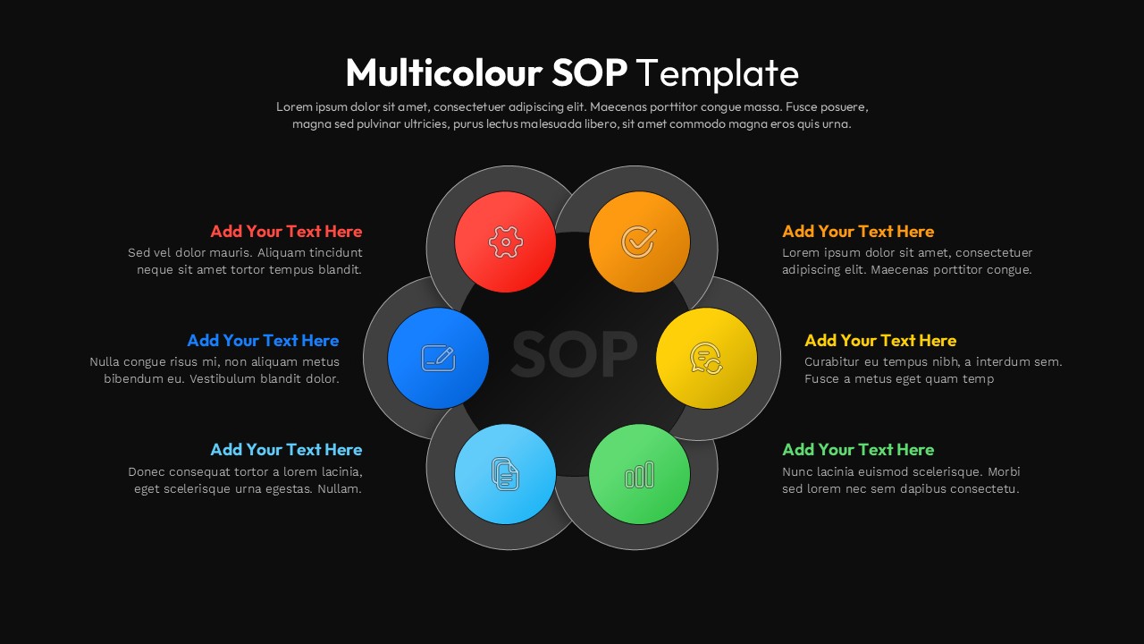 Dark theme multicolour SOP PowerPoint template with colorful process circles and white text placeholders