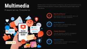 Dark theme multimedia PowerPoint template with orange and blue accents for digital marketing presentations
