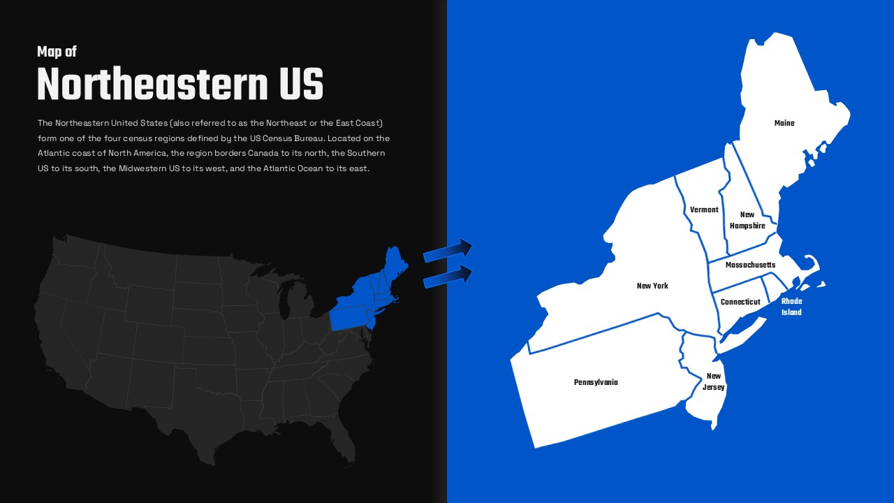 Northeast US map Google Slides template with split layout design and geographic visualization for education