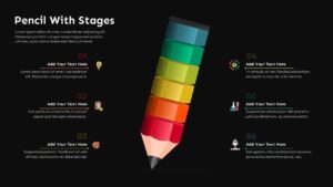 Dark theme six-stage pencil process PowerPoint template with white text and colorful workflow stages for presentations