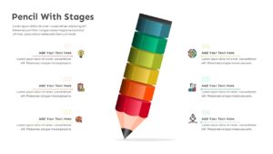 Six-stage process flow PowerPoint template with colorful 3D pencil and numbered workflow steps on light background