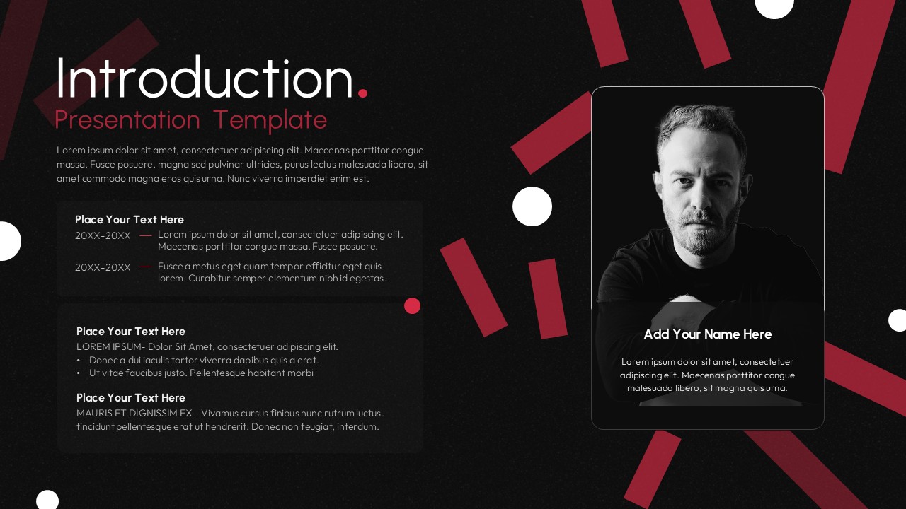 Introduction slide template with red and black design, profile photo placeholder and text sections for presentations