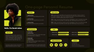 Dark-themed resume template with sophisticated olive background and lime green accents for creative professionals