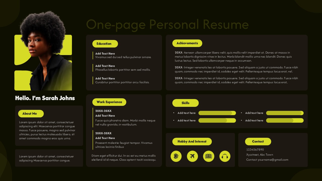 Dark-themed resume template with sophisticated olive background and lime green accents for creative professionals