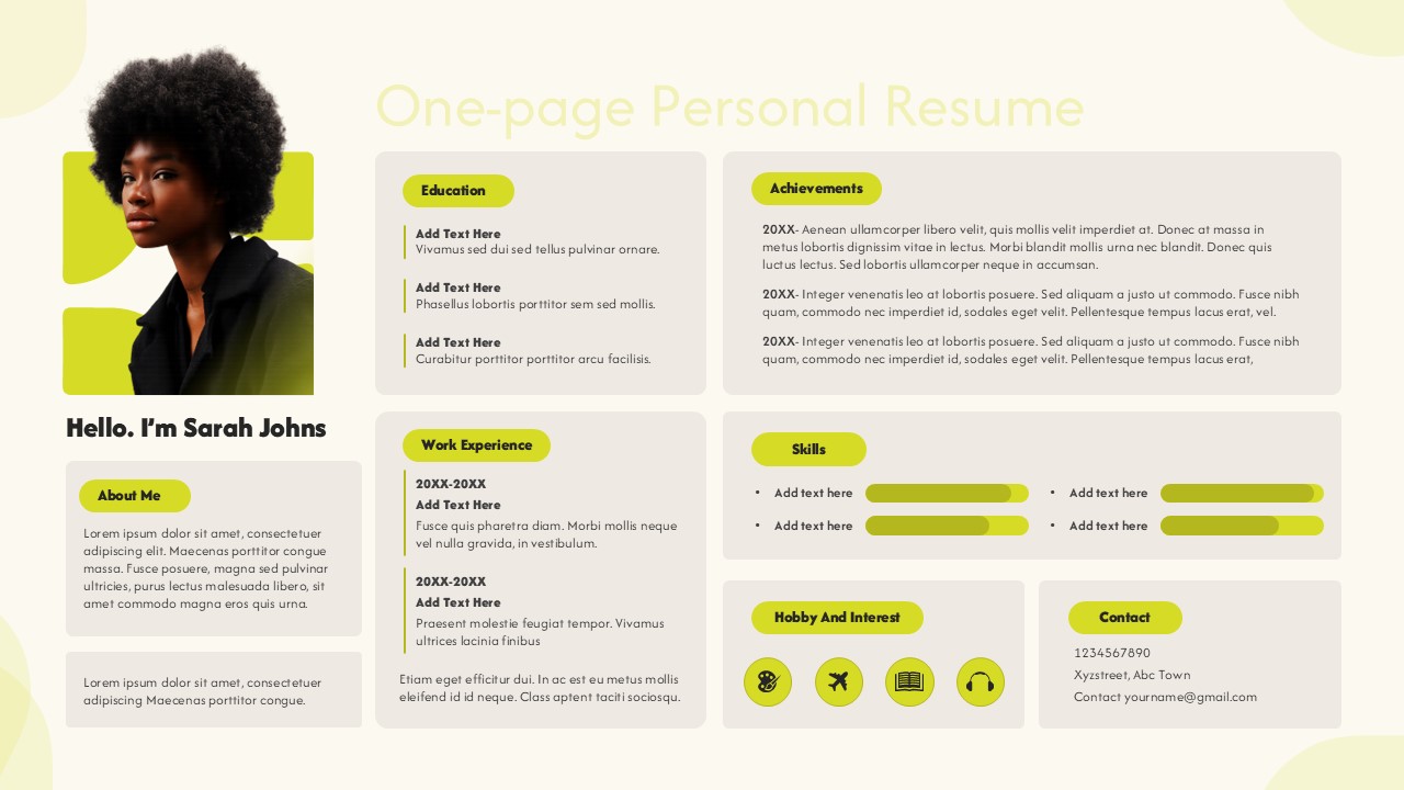 Modern one-page resume template with clean layout, profile photo space, and organized sections for career highlights