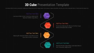 Dark theme 3D cube presentation template showing four-step process flow with colorful hexagonal cubes on black background