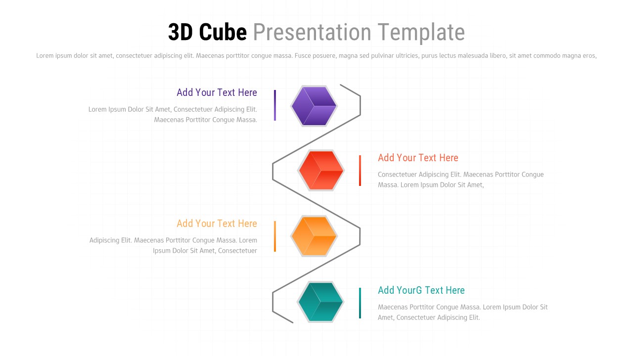 Clean 3D cube process flow template with four colorful stages connected by zigzag lines for business presentations