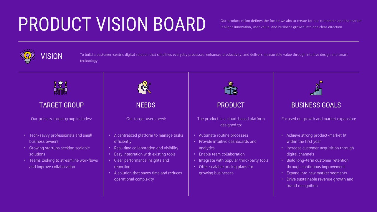 Dark product vision board slide template with purple gradient background for strategic product planning presentations