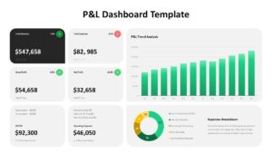 Light P&L dashboard with KPI cards, bar chart, and donut chart