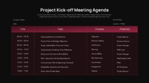 Dark themed project kick-off meeting agenda table with burgundy headers