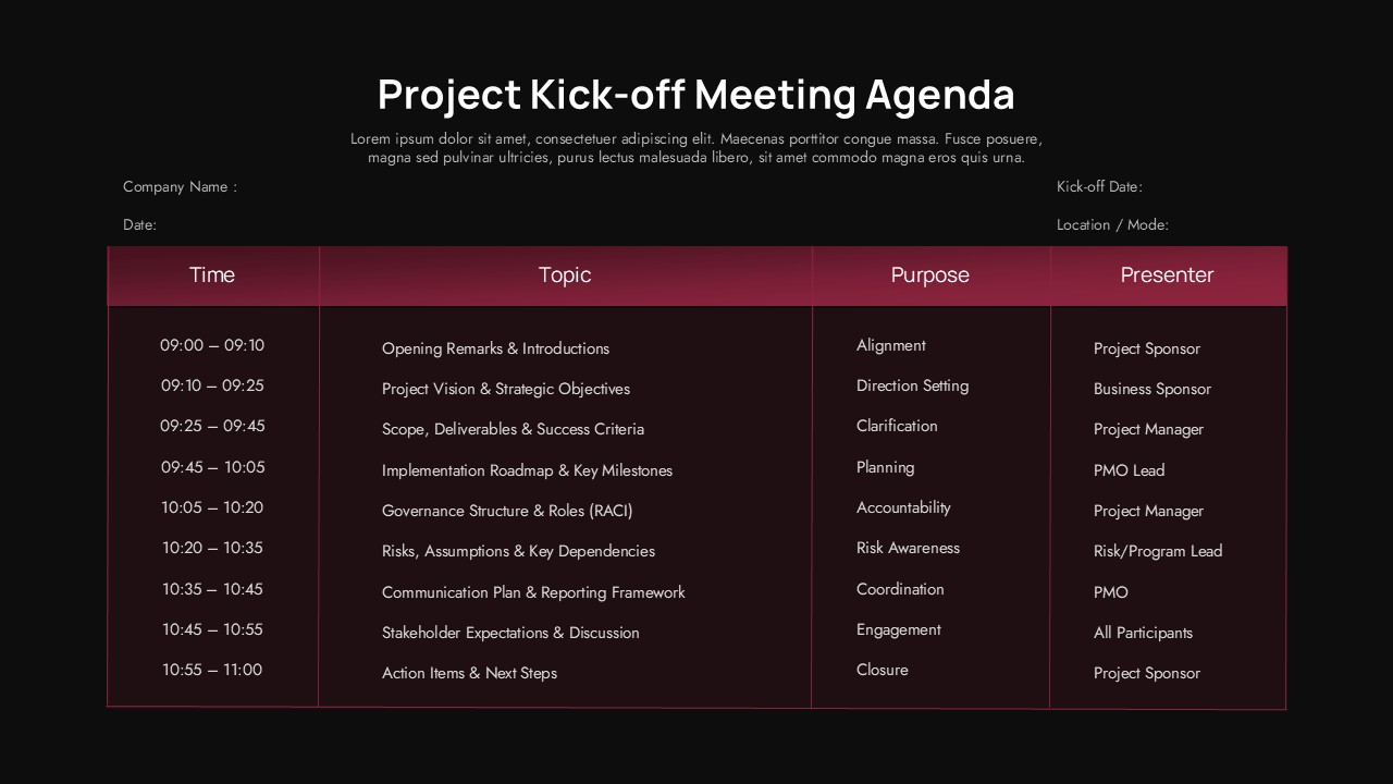 Dark themed project kick-off meeting agenda table with burgundy headers
