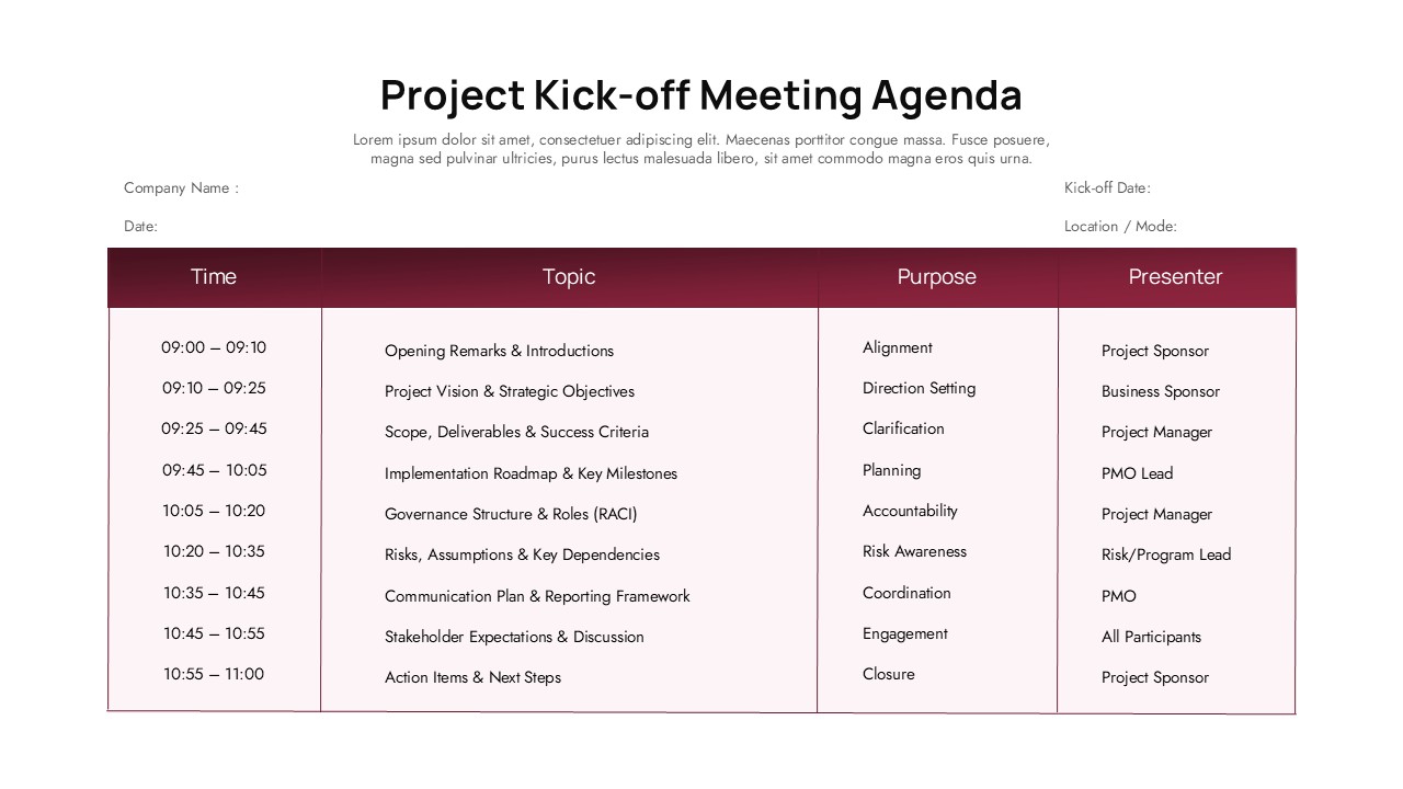 Light themed project kick-off meeting agenda table with time slots and topics